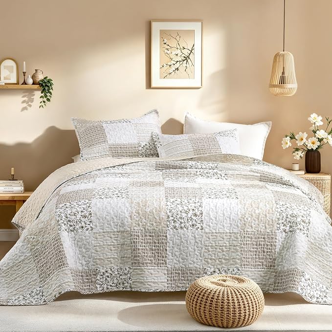 Litanika Floral Beige Quilt Queen - 3Pcs Botanical Birds Bedding Set | Patchwork Bedspread Summer Lightweight Soft Coverlet for All Seasons (96"x90")