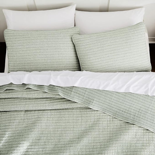 Sage Green Pick Stitch Oversized King Size Quilt Set, California King Striped Lightweight Soft Summer Spring Bedspread, Bamboo Linen Like Textured Coverlet, Chambray Farmhouse Country Rustic Bedding