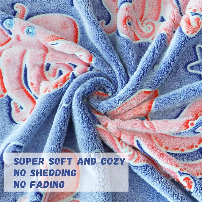 Octopus Toys Birthday Gifts for Boys Girls, Soft Blue Octopus Blanket for Kids Toddlers Travel, Glow in the Dark Ocean Sea Animal Fleece Throw Blanket for Bedroom Game Room Coastal Decor 50"x60"