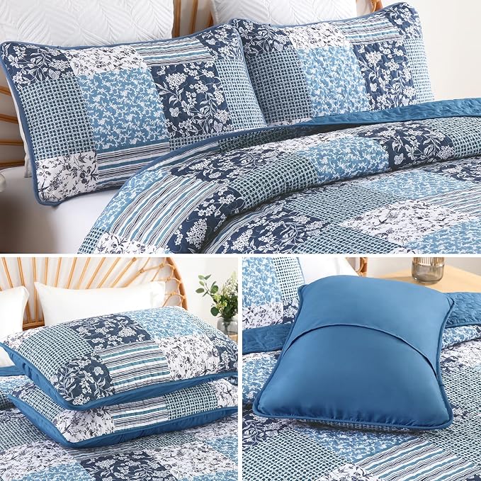 Mybedsoul Navy Blue Quilts Set Queen Size, Patchwork Floral Bedding Set | Soft Lightweight Microfiber Reversible Coverlet Set, 3 Pieces Plaid Bedspread, Bed Sets for All Seasons 96"x90"