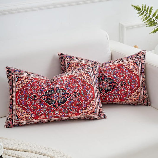 Boho Rectangular Throw Pillow Covers 12x20 Inch, Vintage Red Oriental Floral Decorative Lumbar Cushion Cases, Bohemian Ethnic Design Pillowcases for Sofa Couch Living room Bed Home Decor, Set of 2