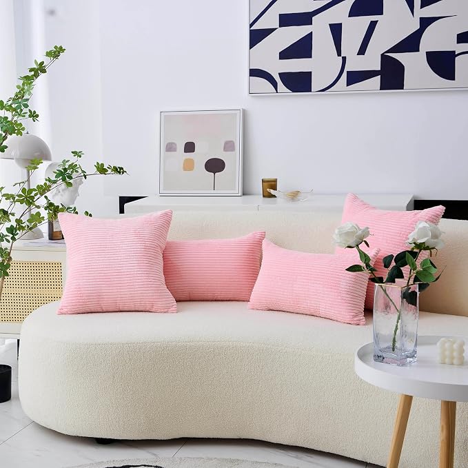 Home Brilliant Pink Euro Sham Covers for Couch Super Soft Striped Velvet Pillow Covers 24x24 Pillow Cases for Party, Set of 2, 60cm, Pink