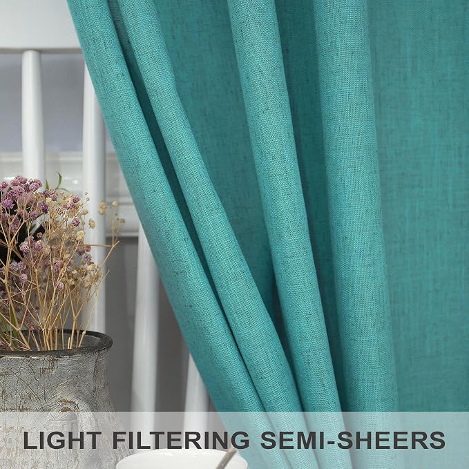 Mid Century Modern Teal Curtains 96 Inches Long 2 Panels for Living Room Bedroom Linen Sheer Semi Privacy Lightweight Light Filtering Drapes for Dining Room Office Farmhouse Coastal Decor 52x96 Length