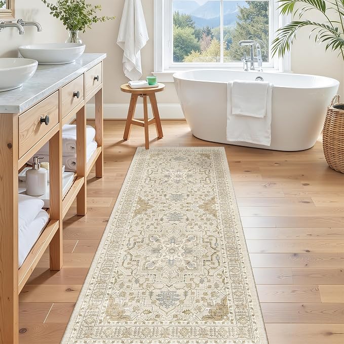 Madane Hallway Runner Rug 2x5 Washable Entry Rugs Non-Slip, Beige/Blue | Vintage Printed Low-Pile Kitchen Runners, Soft Low-Pile Stain-Resistant Throw Carpet for Bedroom Entrance Laundry Room 2'x5'