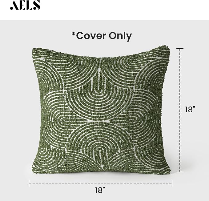 AELS Boho Decorative Textured Throw Pillow Covers 18x18, Modern Mid Century Rainbow Tufted Pillow Case, Farmhouse Rustic Geometric Woven Cushion Case for Bed Couch Sofa, Olive Green