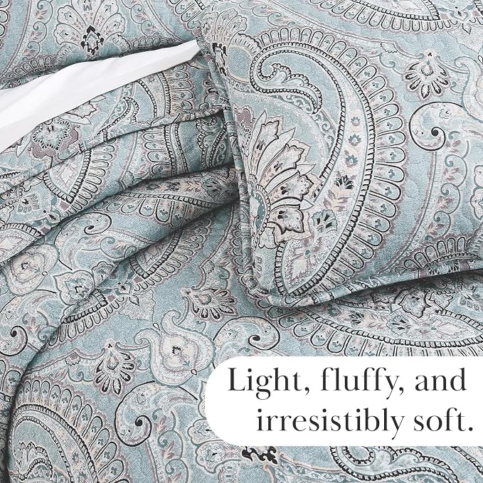 Southshore Fine Living, Inc. Twin XL Quilt Set, Dorm Bedding Essentials, Stain Resistant, Machine Washable Paisley Boho Bed Spread, Twin XL Quilt Bedspread Set w/Quilted Pillow Sham, Paisley Aqua