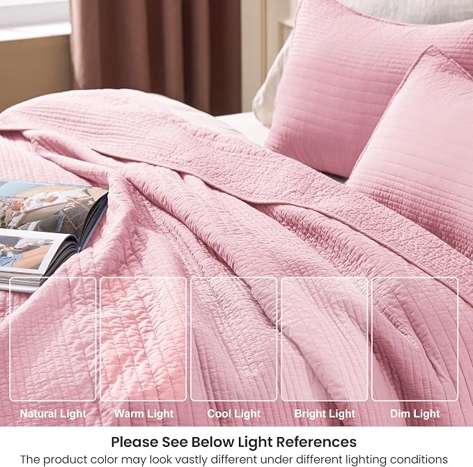 Love's cabin King Size Cotton Quilt Set, 100% Cotton Fabric Striped Textured Coverlet with Crinkled Look, Lightweight Quilted Bedspread for All Season, Includes 2 Pillow Shams, Pink