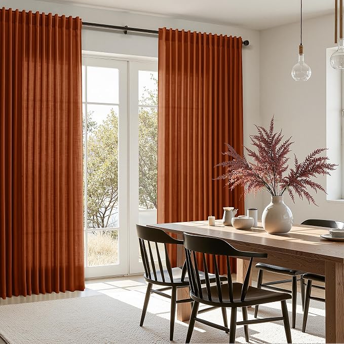 Extra Wide Linen Curtains for Living Room 90 Inches Long Terracotta Light Filtering Semi Sheer Boho Farmhouse Curtain for Bedroom Office Luxury Back Tab and Rod Pocket 100x90, 2 Panels