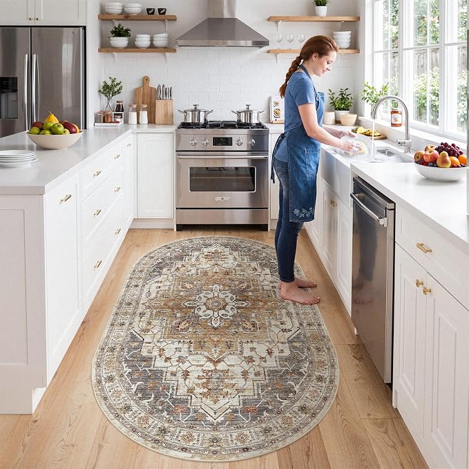 Madane Washable Oval Rug 3x5 for Entryway Small Area Rugs, Turmeric/Grey | Vintage Entryway Bedroom Non Slip Door Mat Indoor Entrance, Kitchen Runner Living Room Laundry Playroom Soft Floor Carpets