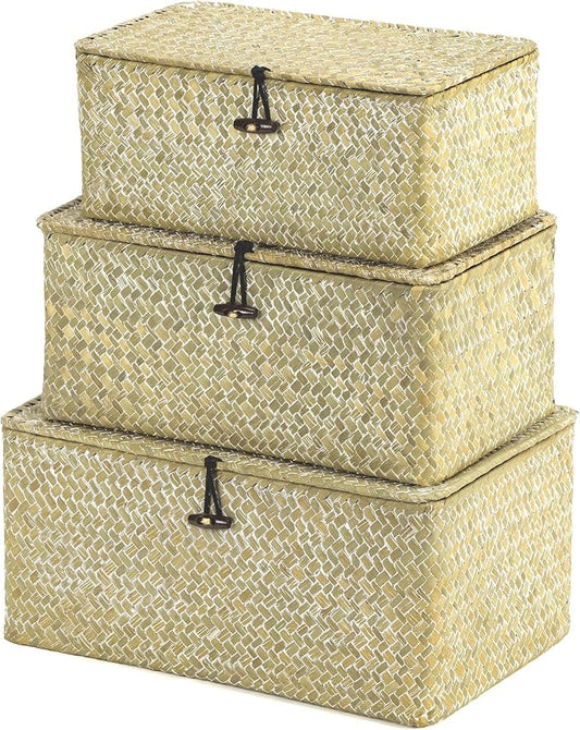 Nonam Wicker Storage Basket with Lid,Seagrass Shelf Basket Set of 3,White | Wicker Basket Container for Organizing, Boho Decorative Basket, Rectangular Household Storage Boxes for Home Organization