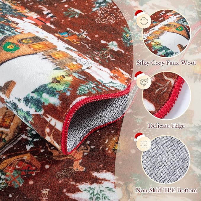 Wonnitar Christmas 2x3 Entryway Rug, Non Slip Washable Small Kitchen Rugs, Soft Christmas Winter Reindeer Door Mat Indoor Entrance, Scalloped Area Rug for Bathroom Bedside Holiday Decor (Red,2'x3')