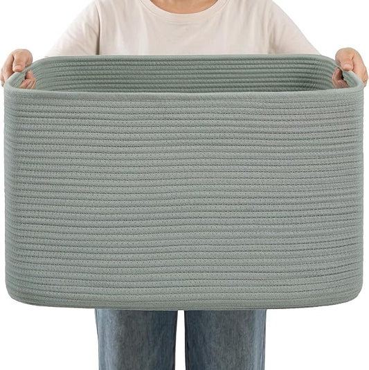 Large Laundry Basket/Hamper, 25"x16"x16" Green Rectangle Basket | Toy Storage Basket, Baby Blanket Basket, With Handle, Shelf Basket, Living Room Organizing