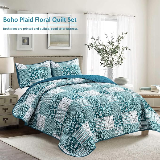 Mybedsoul Boho Quilt King Size, Patchwork Floral Bedding Set, Teal Blue | Soft Lightweight Microfiber Reversible Coverlet Set, 3 Pieces Plaid Bedspread, Bed Sets for All Seasons 90"x110"