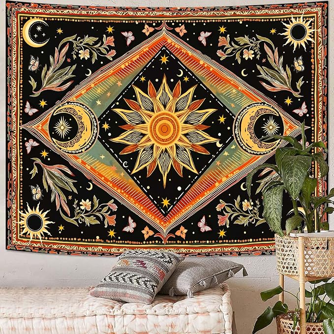 Accnicc Hippie Sun and Moon Tapestry Boho Mandala Floral Wall Tapestry for Bedroom Aesthetic Vintage Plant Celestial Colorful Small Tapestries Wall Hanging for Dorm Living Room Decor 60 x 44 Inch
