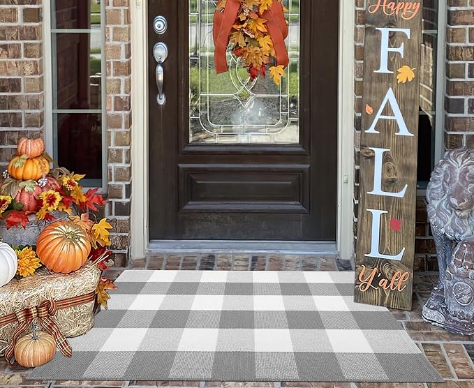 Buffalo Plaid Rug 24''x35''Grey and White Checkered Mat Cotton Machine Washable Carpet Layering Rug for Hello/Welcome Door Mat Front Porch, Kitchen, Farmhouse, Entryway,Bathroom