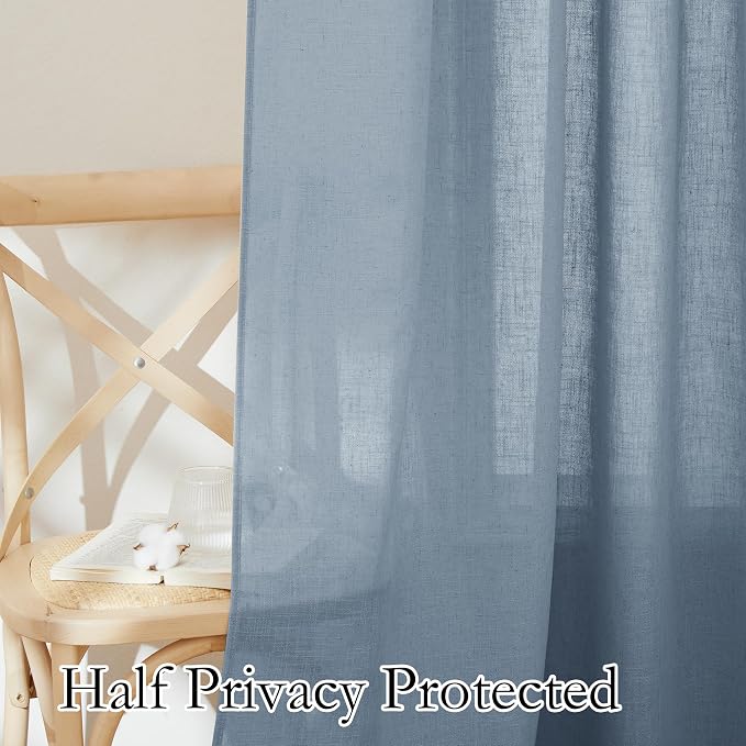 RYB HOME Farmhouse Boho Linen Sheer Curtains 90 inches Long for Living Room | Flax Linen Blend,Light Filtering,Semi Sheer,Wrinkle Resistance,Back Tab,Dorm Dining Room,W52 x L90,2 Panels,Dusty Blue