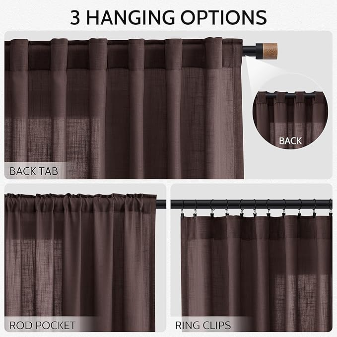 Linen Curtains Semi Sheer Coffee Brown 96 Inches Long 2 Panels Set for Living Room Back Tab Rod Pocket Light Filtering Drape for Bedroom Dinning Room Vintage Rustic Protect Privacy 52x96