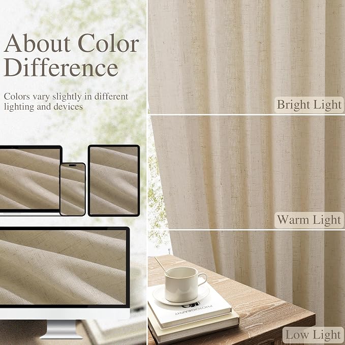 Linen Curtains 96 Inches Long for Living Room Back Tab Semi Sheer Floor to Ceiling 8ft Light Filtering Curtain Boho Farmhouse Decor Window Drapes for Bedroom 52x96 2 Panels Eggshell Beige