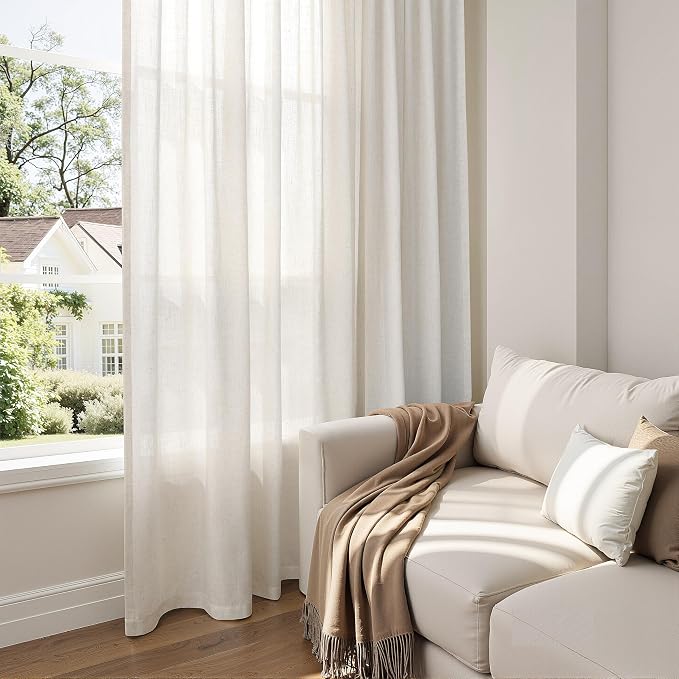 Warm Beige Linen Extra Long Curtains 120 Inch Length for Bedroom 2 Panels Set Back Tab Floor to Ceiling Drapes Airy & Lightweight Semi Linen Curtain for Large Window 10 FT Tall
