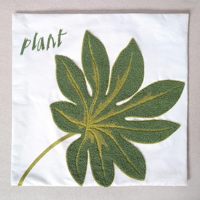 Embroidery Throw Pillow Cover 18x18 Green Tropical Leaf Loop Plant Word Embroidered Floor Pillow Cover for Couch 100% Cotton Decorative Cushion Cover Home Décor Pillow Case 45x45cm, 1 Piece