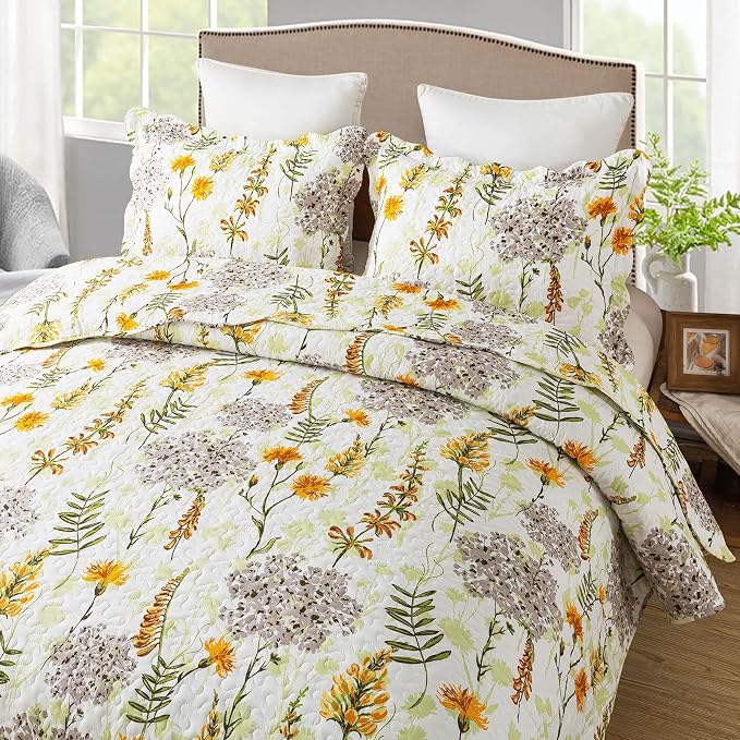 NEWLAKE Quilt Bedspread Sets-Yellow Flower Pattern Reversible Soft Coverlet Set,King Size
