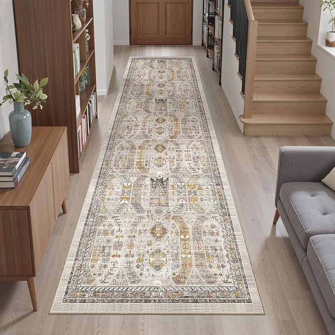 Madane Kitchen Runner Rug 2x7 with Rubber Backing Non Slip, Brown/Gold | Vintage Ultra-Thin Machine Washable Hallway Rugs 7 ft, Soft Low-Pile Throw Carpet Runners for Bedroom Bathroom Laundry Room