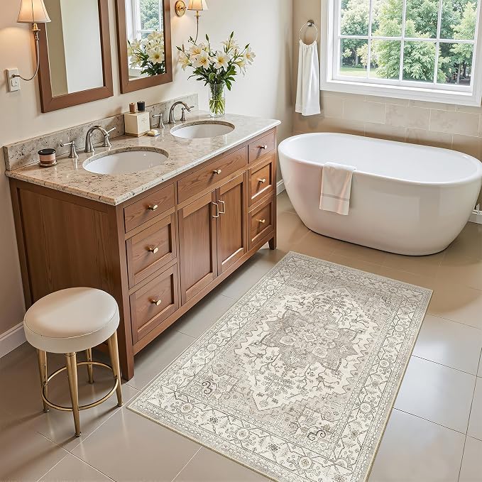 Madane Washable Area Rug 2x3 Small Entryway Rugs Non-Slip, Beige/Brown | Vintage Stain-Resistant Door Mat Indoor Entrance, Low Pile Floor Carpet for Inside Front Bedroom Kitchen Entry Laundry, Stair