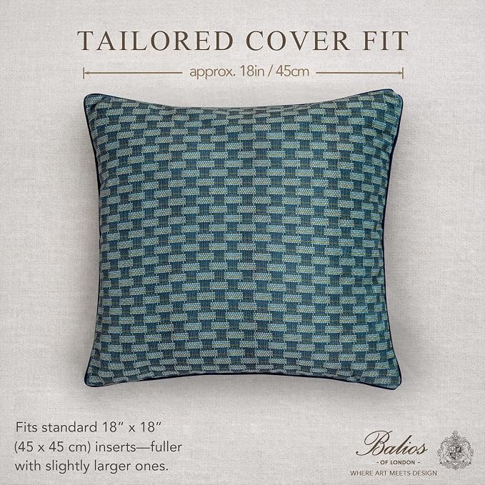 Balios Velvet Pillow Covers Set of 2, Decorative Cushion Covers for Sofa Couch, Hidden Zip, Covers Only, London Design – 18" x 18" (45 x 45 cm), Stonepath Weave in Midnight Blue
