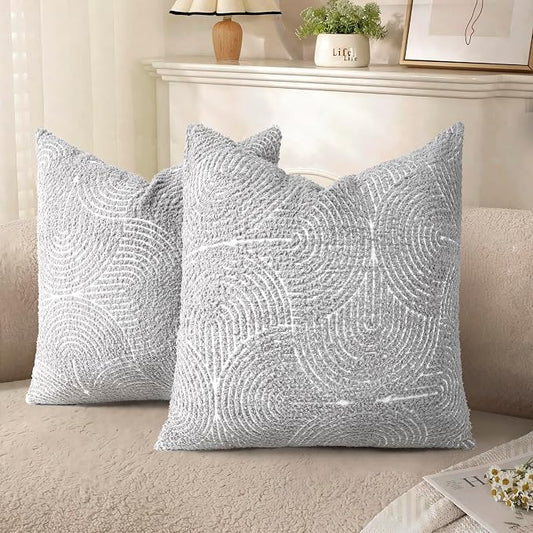 AELS Boho Decorative Textured Throw Pillow Covers 18x18, Modern Mid Century Rainbow Tufted Pillow Case, Farmhouse Rustic Geometric Woven Cushion Case for Bed Couch Sofa, Light Gray