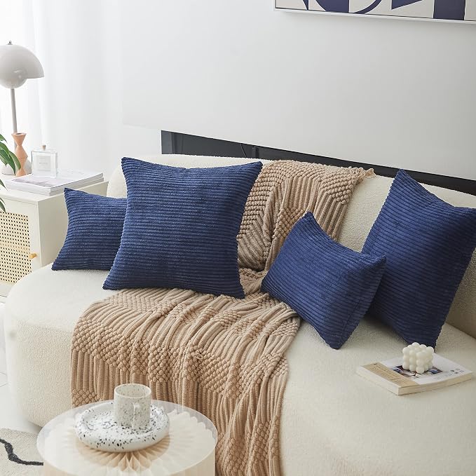 Home Brilliant Throw Pillow Covers 12x20 Decorative Plush Striped Velvet Corduroy Oblong Rectangular Accent Cushion Cover, 12 x 20 inch, Navy Blue