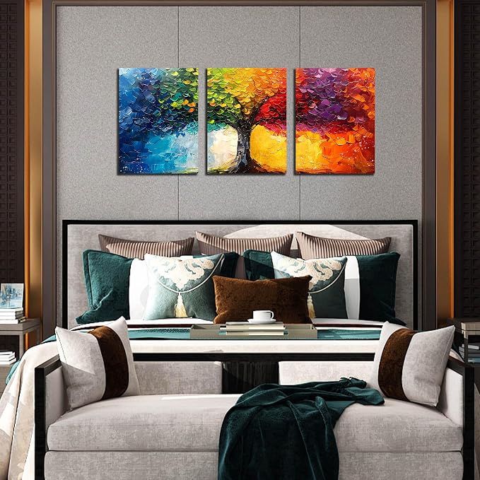 Tree Pictures Wall Art for Living Room - Modern Wall Decor for Office Women - Colorful Wall Decor for Bedroom Size 12" x 16" x 3 Pieces