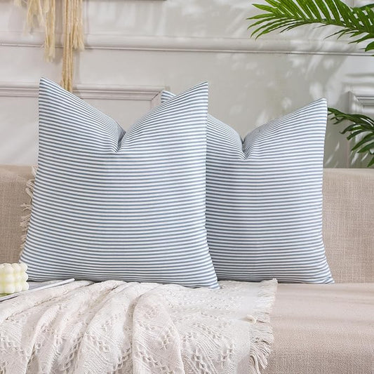 Light Dusty Blue Striped Outdoor Porch Throw Pillow Covers 18x18 Set of 2 | Coastal Decor, 18 x 18 Blue Outdoor Throw Pillows, Outdoor Porch Pillows for Patio Furniture, Blue Outside Decorative Pillow