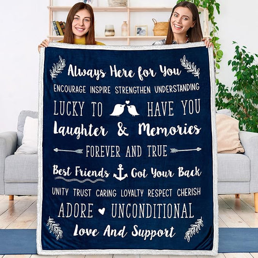 PAVILIA Best Friend Blanket - Friendship Gifts for Women, Soul Sister & Long Distance Bestie Gift, Soft Cozy Sherpa Throw with Sentimental Quotes, BFF Birthday Gift Idea, Navy Blue