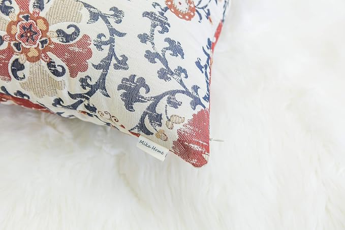 Mika Home Pack of 2 Jacquard Circle Floral Pillow Cover, Cream Red | Throw Pillow Case, Decorative, For 22X22 Inserts