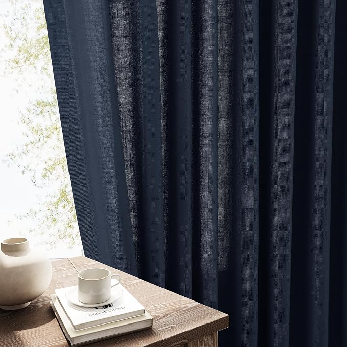 Extra Long Linen Curtains 120 Inches for Living Room Back Tab Semi Sheer High Floor to Ceiling 10ft Light Filtering Curtain Boho Farmhouse Decor Window Drapes for Bedroom 2 Panels Navy Blue