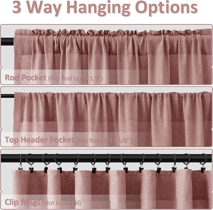 Canyon Rose Linen Curtains 84 Inches Long 2 Panel Set Rod Pocket Semi Sheer Girls Bedroom Living Room Airy Soft Fabric Window Treatments 52x84