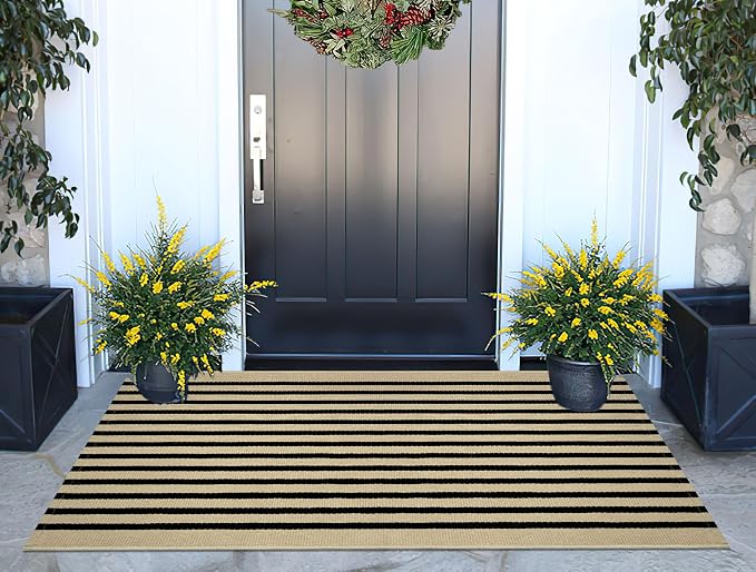 Black and Khaki Outdoor Rug 2'x4',Striped Front Porch Rug Washable Front Door Mat Entryway Throw Rug for Front Porch Indoor Outdoor Doormat