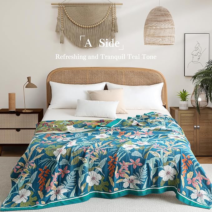 Phuryllic Boho Throw Blanket Full Size, Extra Large Soft Cozy Cotton Muslin Quilt Blanket for Bed Decor, Floral Patterned Couch Sofa Chair Cover, Vintage Farmhouse Cottage Woven Blanket, Teal&Green