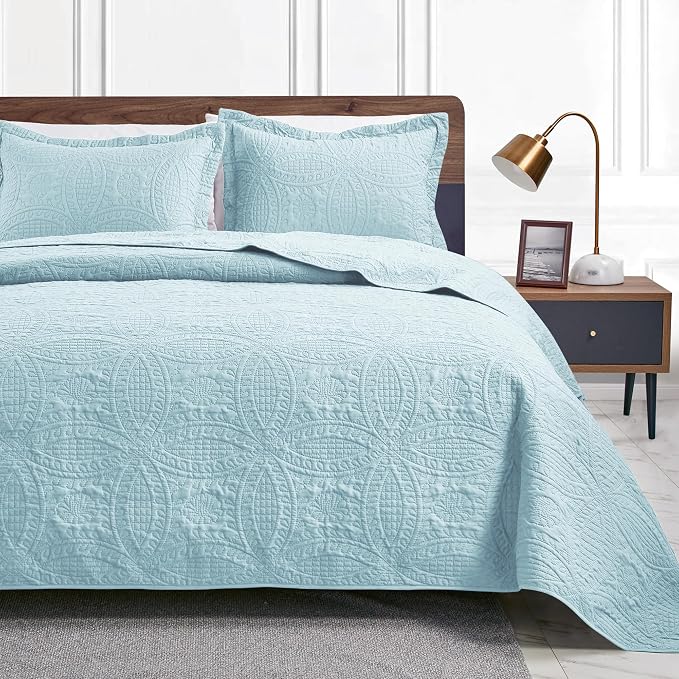 Love's cabin Oversized King Size Quilt Bedding Set Spa-Blue Bedspreads - Oversized King Lightweight Bedspread Comforter - Coin Pattern Coverlet for All Season - 3 Pieces (1 Quilt, 2 Pillow Shams)