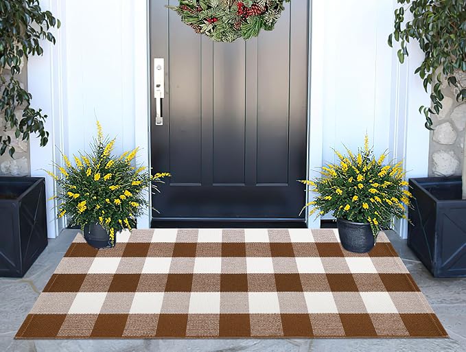 Coffee and White Outdoor Rug 24''x51''Checkered Plaid Front Porch Rug Cotton Woven Washable Door Mat Outdoor for Layered Doormat Hello Welcome Door Mat Kitchen Farmhouse Entryway