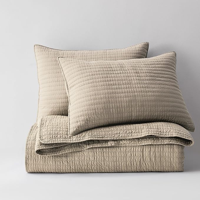 WDCOZY 100% Cotton Twin Size Quilt Set - Beige Neutral Striped Pick Stitch Soft Lightweight Bedspread, Textured Like Linen, Farmhouse Country Rustic Coverlet, Shabby Chic Gauze Bedding, 2 Pieces