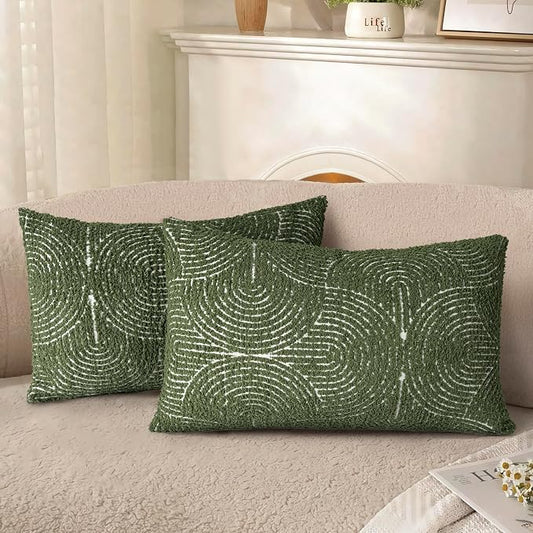 AELS Boho Decorative Textured Lumbar Pillow Covers 12x20, Modern Mid Century Rainbow Tufted Lumbar Pillow Case, Farmhouse Rustic Geometric Woven Cushion Case for Bed Couch Sofa, Olive Green