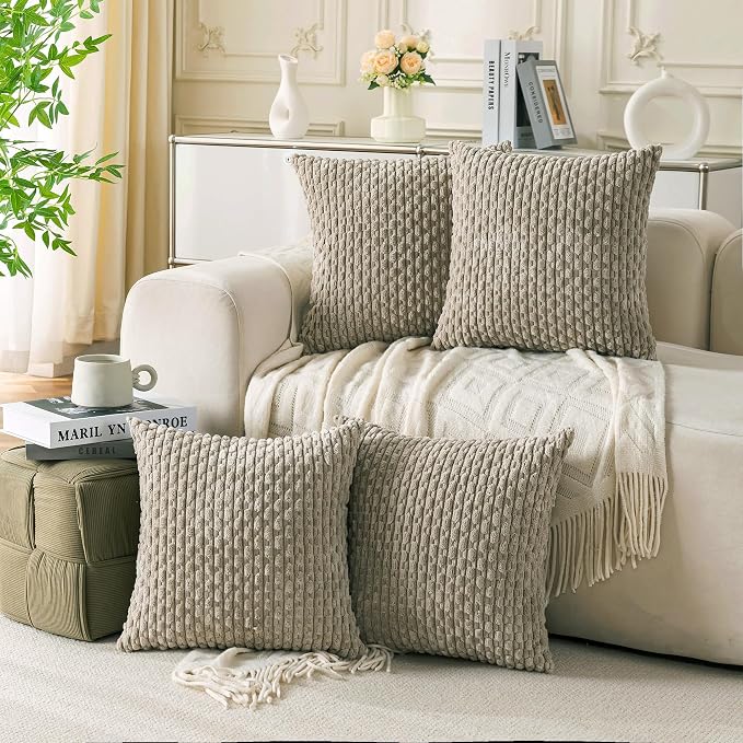 Set of 4 Taupe Decorative Throw Pillow Covers 20x20 Inch Corduroy Pillow Covers for Bed Couch Sofa Living Room Soft Square Cushion Cases