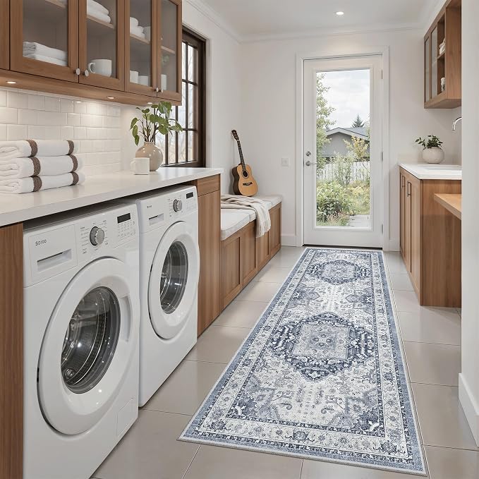 Madane Washable Runner Rug 2x6 Runners for Hallways Non Slip, Navy/White | Vintage Stain-Resistant 6 Feet Kitchen Rug, Soft Low-Pile Ultra-Thin Floor Carpet Mat for Bathroom Laundry Room Bedroom 2x6ft