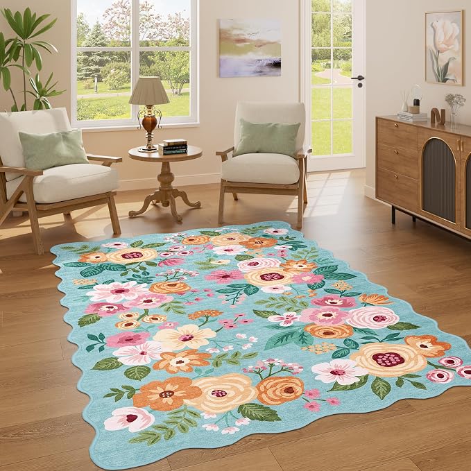 DUKINO 4x6 Area Rug, Non Slip Floral Washable Rug for Living Room, Teal | Low Pile, Stain Resistant, Soft Throw Rugs for Bedroom, Office, Dining Room, Nursery, Pet Friendly, Home Decor, Lightweight