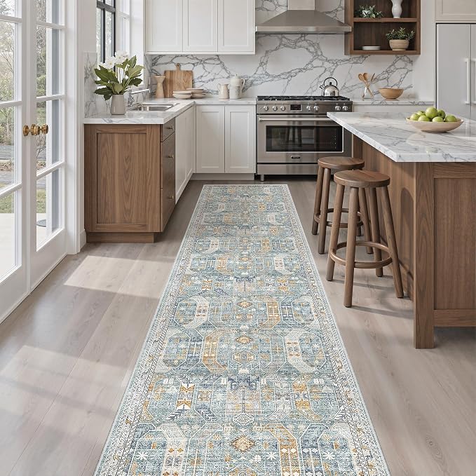 Madane Washable Runner Rugs 2x10 Long for Hallway Kitchen, Blue/Gold | Non-Slip Low-Pile 10ft Rug Runners Soft, Stain-Resistant Floor Carpet Mat for Entrance, Living Dining Laundry Room