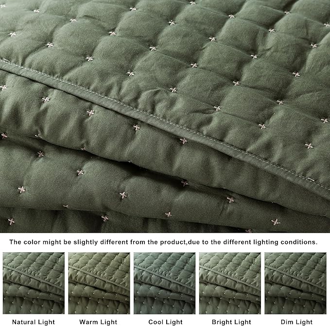 WDCOZY Queen Size Quilts Bedding Sets with 2 Pillow Shams, Lightweight Soft Bedspread Coverlet, Quilted Blanket Thin Comforter Bed Cover for All Season, 3 Pieces, 90x90 inches, Moss Green