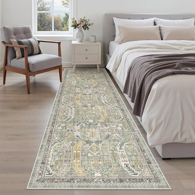 Madane Kitchen Runner 2'6''x8' Soft Rug Runners for Hallways, Green/Gold | Vintage Machine Washable Printed Rugs 2.5x8 Ft, Non-Slip Low Pile Stain-Resistant 8ft Floor Carpet for Laundry Room, Corridor