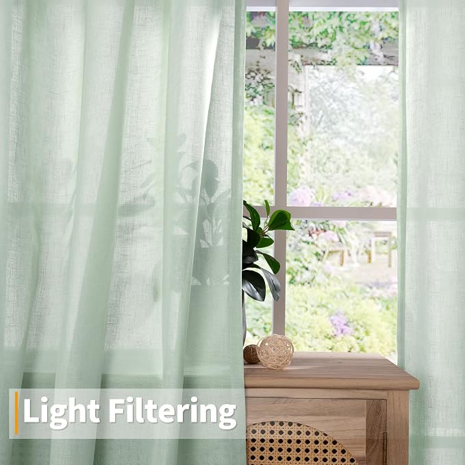 YoungsTex Light Sage Linen Curtains 63 Inches Length for Living Room - Light Filtering Burlap Textured Drapes with Grommet Lightweight for Bedroom Home Office Farmhouse Rustic, 2 Panels, 52 X 63 Inch