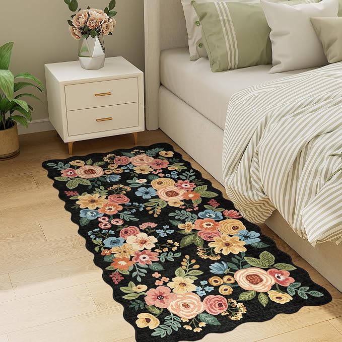 DUKINO 2x4 Rug for Entryway, Floral Washable Kitchen Rugs Non Slip, Black | Soft, Low Pile, Stain Resistant Throw Runner Rug for Hallway, Bedroom, Bathroom, Laundry, Pet Friendly, Modern Home Decor